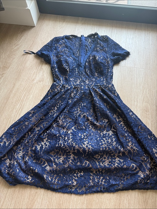 Aqua Dresses & Skirts - Aqua Navy Lace Fit-and-Flare Dress